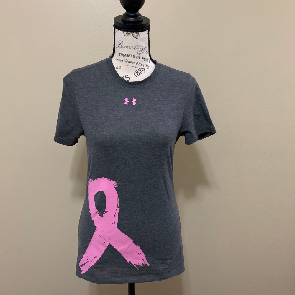 Under Armour Women's Power T-Shirt Color Is Pink And Dark Gray Cancer Awareness